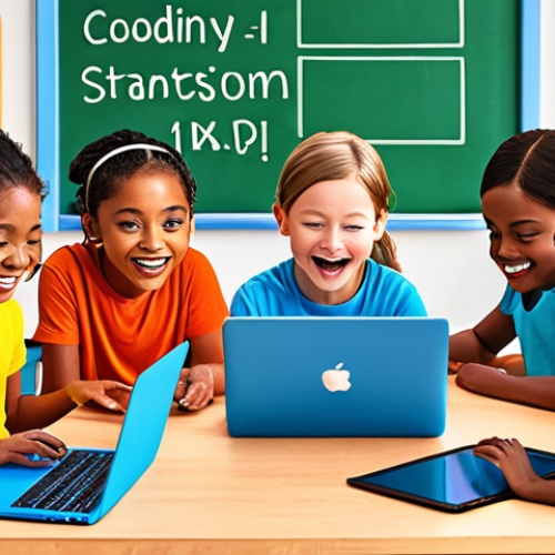 A vibrant illustration depicting children of diverse backgrounds joyfully engaged in coding activities on laptops and tablets, highlighting the benefits of coding such as enhanced problem-solving skills, creativity, and logical thinking. The scene should be set in a modern, colorful classroom environment.