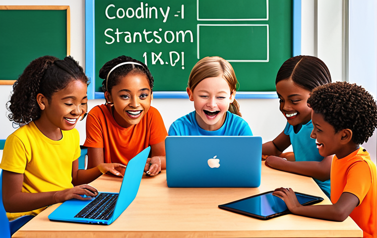 A vibrant illustration depicting children of diverse backgrounds joyfully engaged in coding activities on laptops and tablets, highlighting the benefits of coding such as enhanced problem-solving skills, creativity, and logical thinking. The scene should be set in a modern, colorful classroom environment.