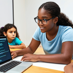 ** A coding instructor patiently explaining a coding concept to a diverse group of children of varying ages. The scene is bright and engaging, showcasing the instructor's ability to connect with kids on their level, perhaps using relatable analogies or visual aids. Focus on the empathy and encouragement displayed.

**