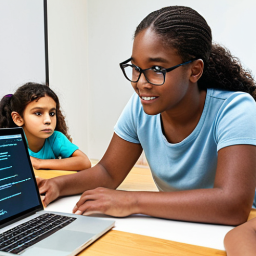 ** A coding instructor patiently explaining a coding concept to a diverse group of children of varying ages. The scene is bright and engaging, showcasing the instructor's ability to connect with kids on their level, perhaps using relatable analogies or visual aids. Focus on the empathy and encouragement displayed.

**