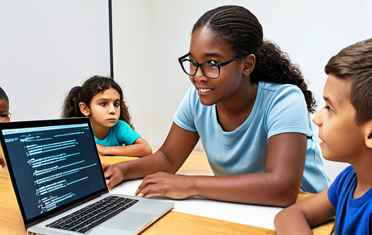 ** A coding instructor patiently explaining a coding concept to a diverse group of children of varying ages. The scene is bright and engaging, showcasing the instructor's ability to connect with kids on their level, perhaps using relatable analogies or visual aids. Focus on the empathy and encouragement displayed.
**