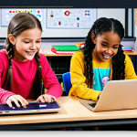 **

A group of diverse children happily working together on a coding project on laptops, surrounded by colorful graphics and diagrams. The setting is a bright, engaging classroom or makerspace. The image emphasizes teamwork, creativity, and the fun of coding.

**