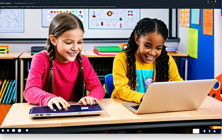 **
A group of diverse children happily working together on a coding project on laptops, surrounded by colorful graphics and diagrams. The setting is a bright, engaging classroom or makerspace. The image emphasizes teamwork, creativity, and the fun of coding.
**