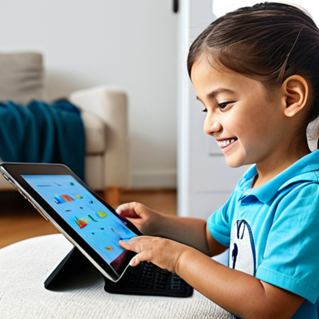 ** A young child (5-6 years old) happily playing a coding game on a tablet, fully clothed, in a brightly lit, family-friendly living room. Safe for work, appropriate content, modest clothing, professional illustration, perfect anatomy, natural pose.

**