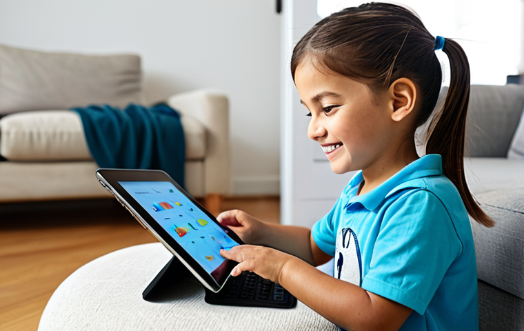 ** A young child (5-6 years old) happily playing a coding game on a tablet, fully clothed, in a brightly lit, family-friendly living room. Safe for work, appropriate content, modest clothing, professional illustration, perfect anatomy, natural pose.
**