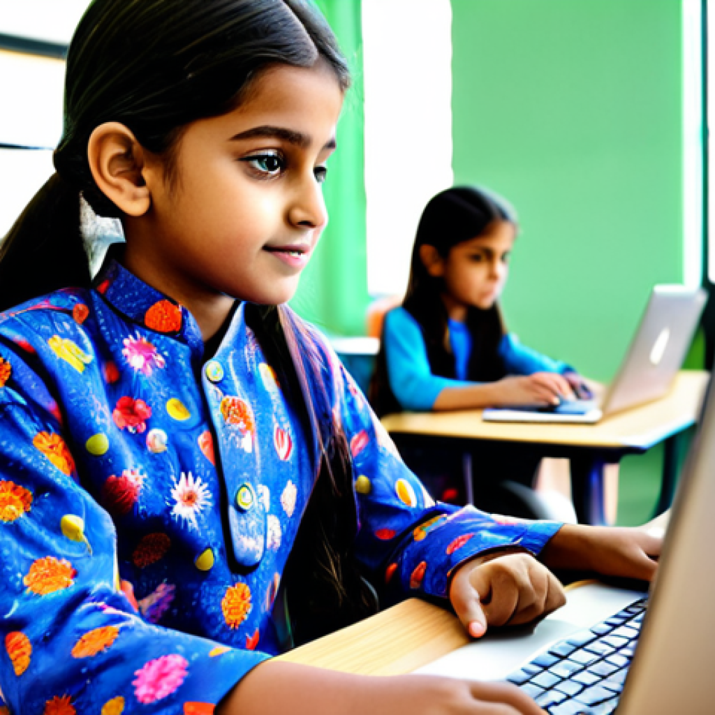 코딩교육지도사와 교육 철학의 접목 - **Prompt:** A young girl, around 10 years old, wearing a colorful, modest kurta pajama, sitting at a...