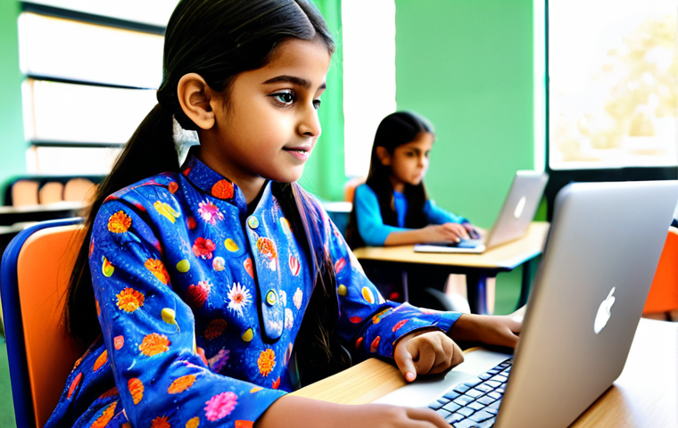 코딩교육지도사와 교육 철학의 접목 - **Prompt:** A young girl, around 10 years old, wearing a colorful, modest kurta pajama, sitting at a...