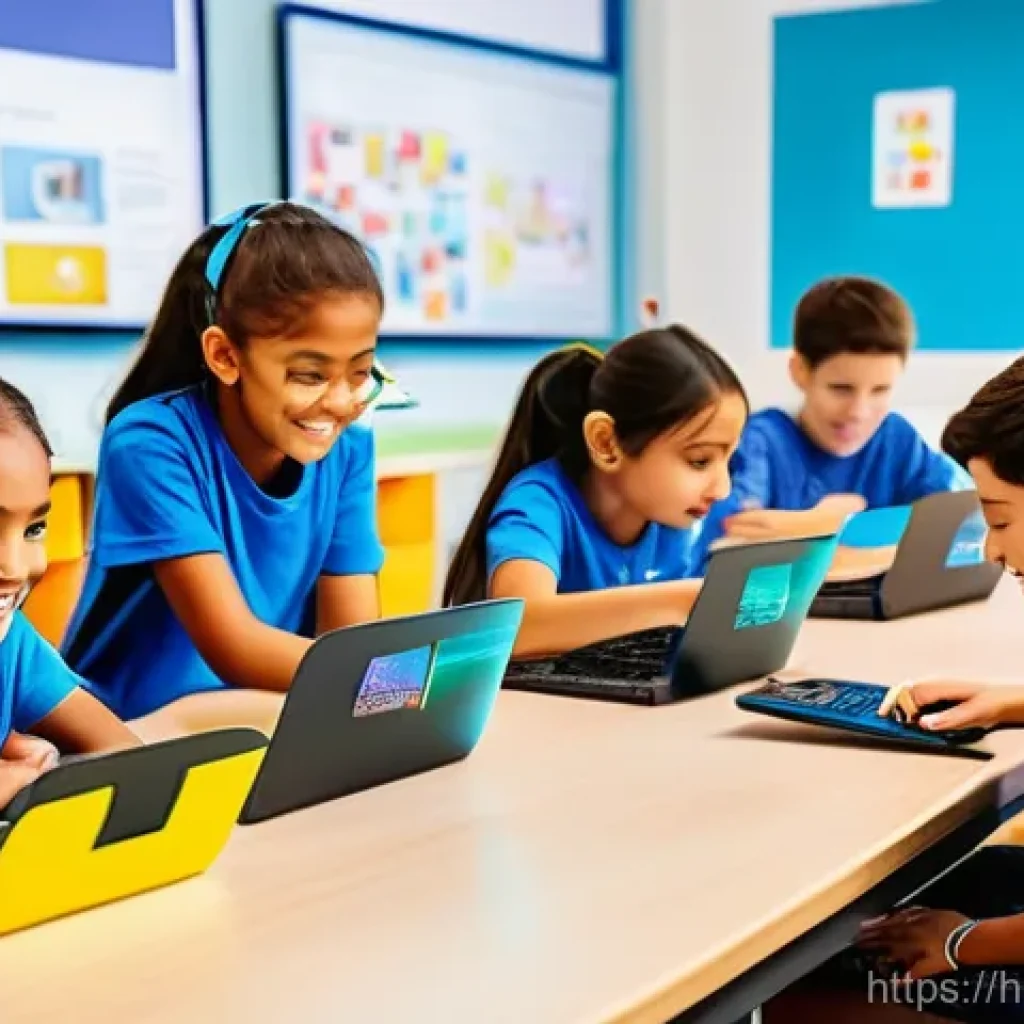 코딩교육지도사와 교육 철학 사례 - **Prompt:** A vibrant and modern classroom filled with a diverse group of 7-10 children, aged 8-12, ...
