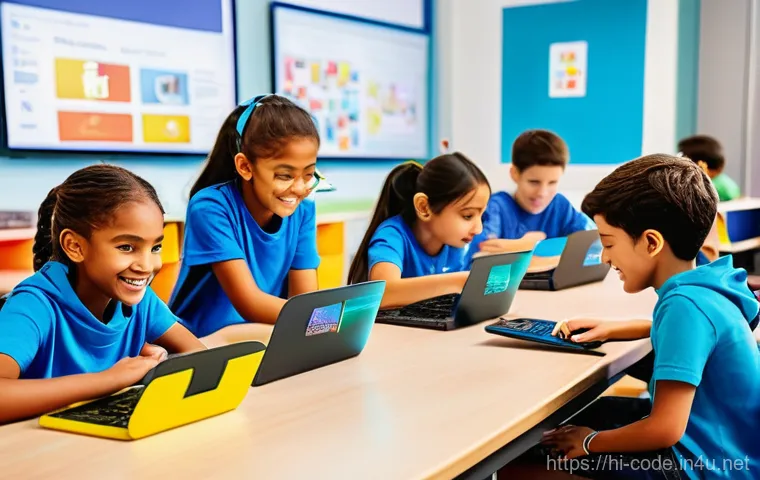 코딩교육지도사와 교육 철학 사례 - **Prompt:** A vibrant and modern classroom filled with a diverse group of 7-10 children, aged 8-12, ...
