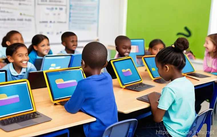 코딩교육지도사 필수 역량 체크리스트 - **Prompt 1: Fun and Engaging Coding Class**
    "A vibrant, brightly lit classroom filled with a div...