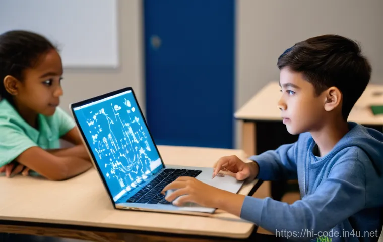 코딩교육지도사 필수 역량 체크리스트 - **Prompt 1: Fun and Engaging Coding Class**
    "A vibrant, brightly lit classroom filled with a div...