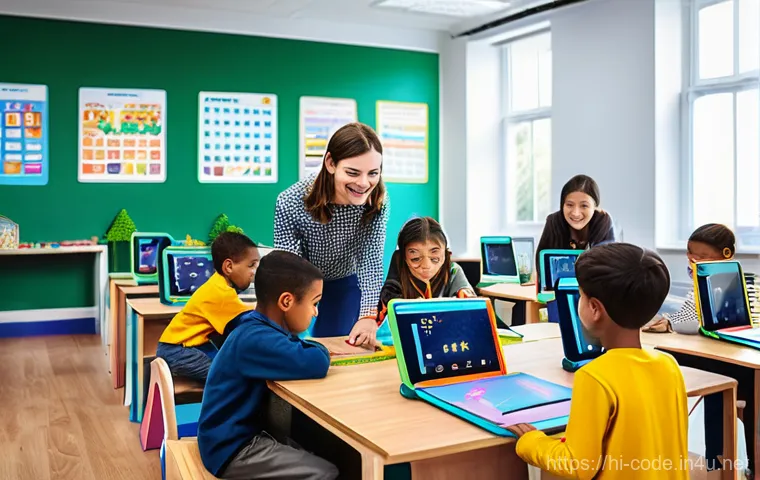 코딩교육지도사 자격증 준비를 위한 추천 사이트 - **Vibrant Coding Classroom:**
    "A brightly lit, modern classroom buzzing with activity. A diverse...
