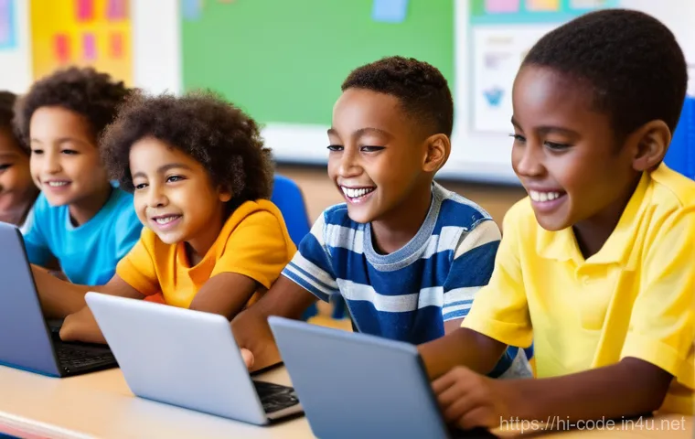 코딩교육지도사 필수 코딩 언어 - **Prompt 1: Young children immersed in the joy of block-based coding.**
    "A vibrant, eye-level sh...