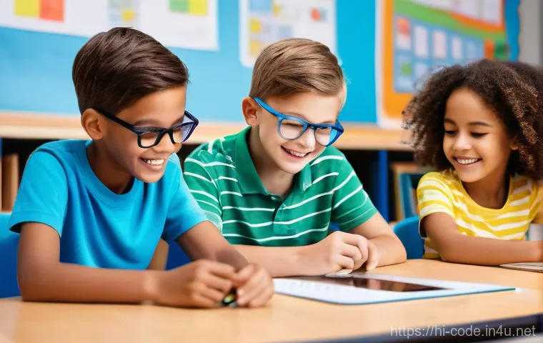 코딩교육지도사와 학습 동기 유발 전략 - **Prompt:** A diverse group of four children, aged 8-12, are joyfully engaged in a coding challenge ...
