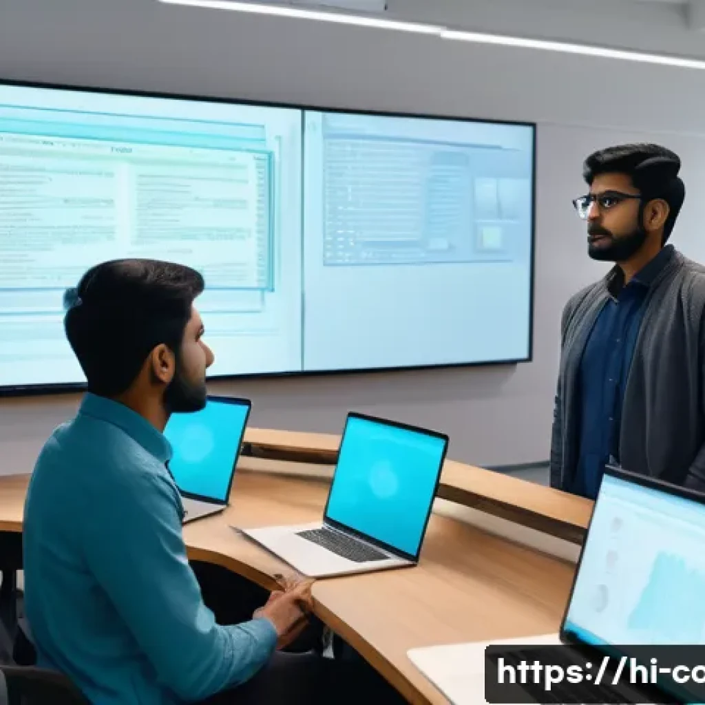 코딩교육지도사 실무 프로젝트 사례 - A focused Indian male coding educator in a modern classroom setting, explaining coding concepts on a...