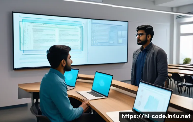코딩교육지도사 실무 프로젝트 사례 - A focused Indian male coding educator in a modern classroom setting, explaining coding concepts on a...