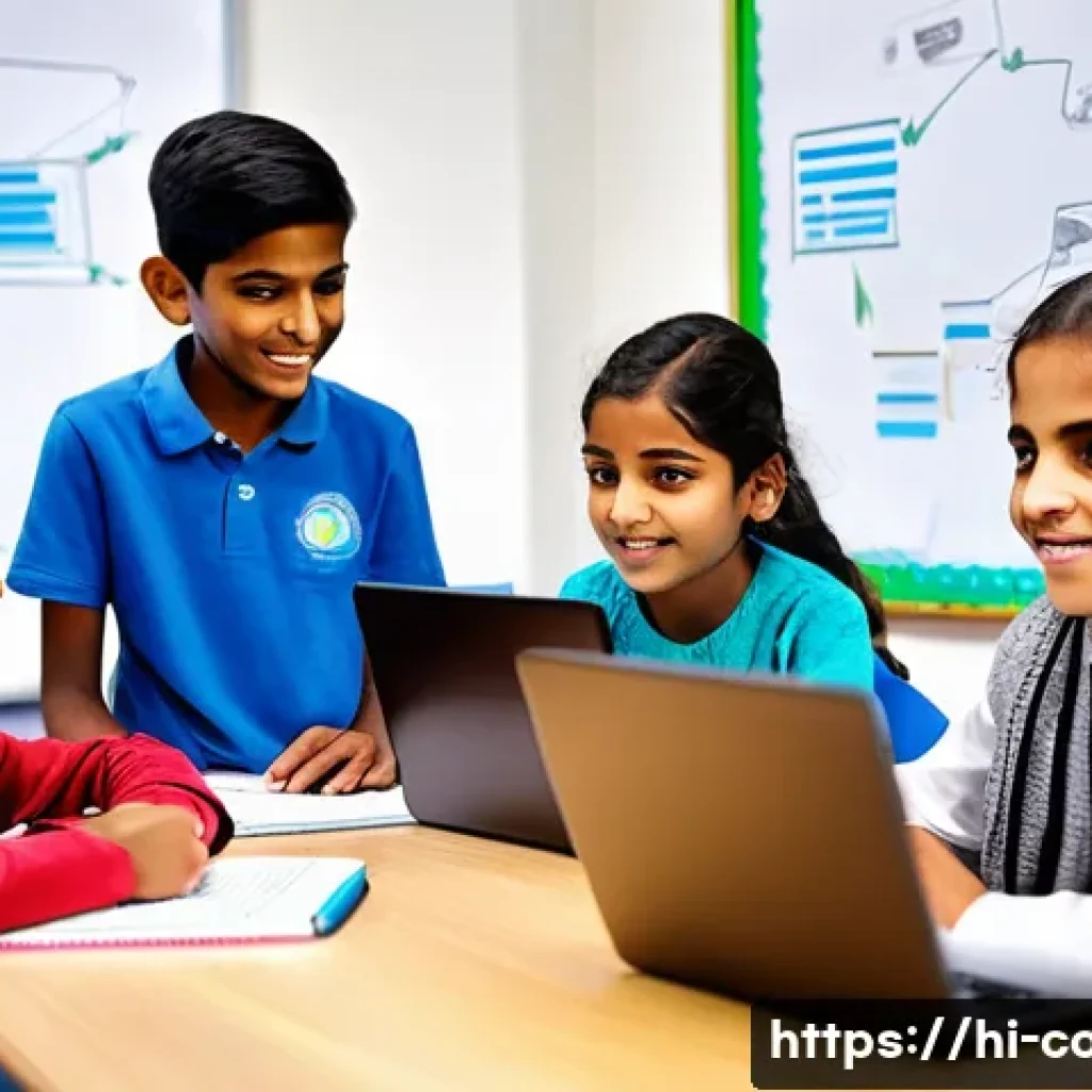 코딩교육지도사와 프로젝트 기반 학습 사례 - A vibrant classroom scene featuring a diverse group of Indian children aged around 10-12, all wearin...