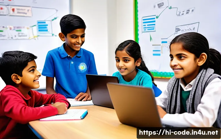 코딩교육지도사와 프로젝트 기반 학습 사례 - A vibrant classroom scene featuring a diverse group of Indian children aged around 10-12, all wearin...