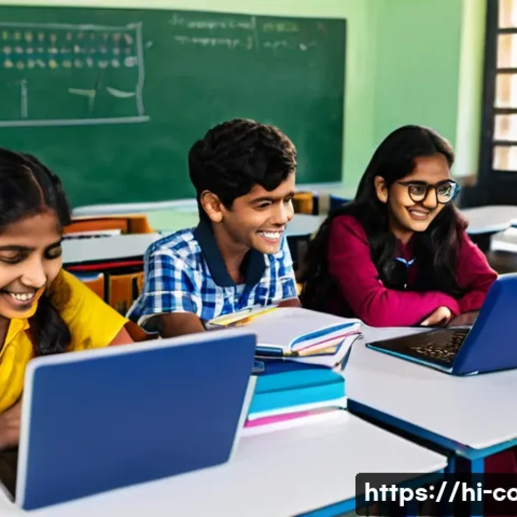 코딩교육지도사와 학습 지원 사례 - A diverse group of enthusiastic Hindi-speaking students in a modern classroom setting, collaborative...