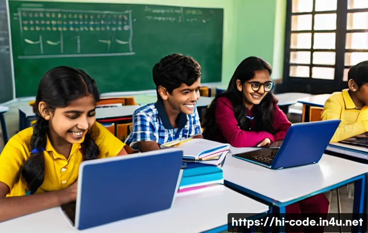 코딩교육지도사와 학습 지원 사례 - A diverse group of enthusiastic Hindi-speaking students in a modern classroom setting, collaborative...