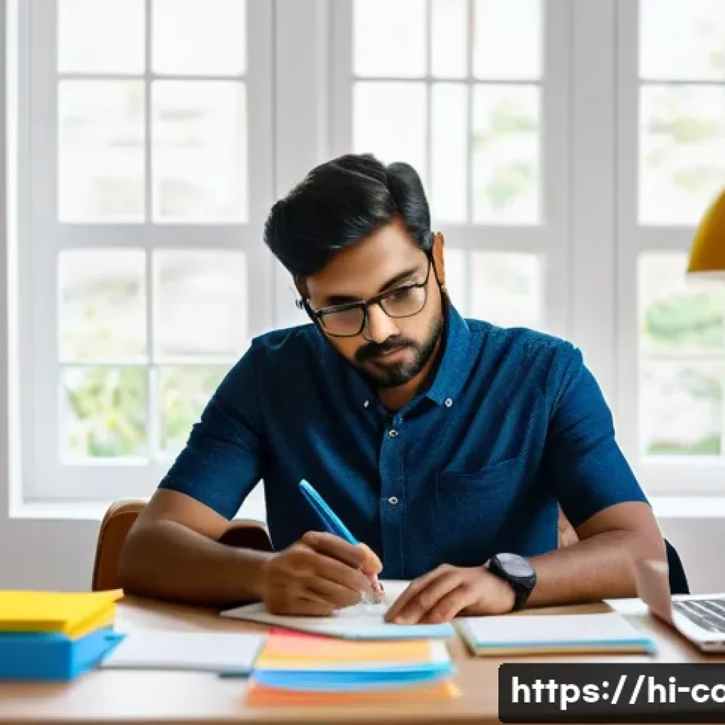 코딩교육지도사 업무 스트레스 관리법 - A serene, well-organized home office setting with a Hindi-speaking coding instructor sitting at a ti...