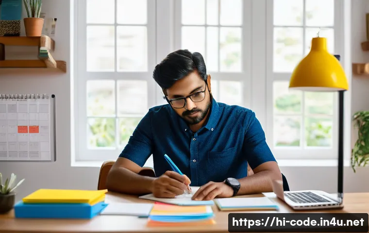 코딩교육지도사 업무 스트레스 관리법 - A serene, well-organized home office setting with a Hindi-speaking coding instructor sitting at a ti...