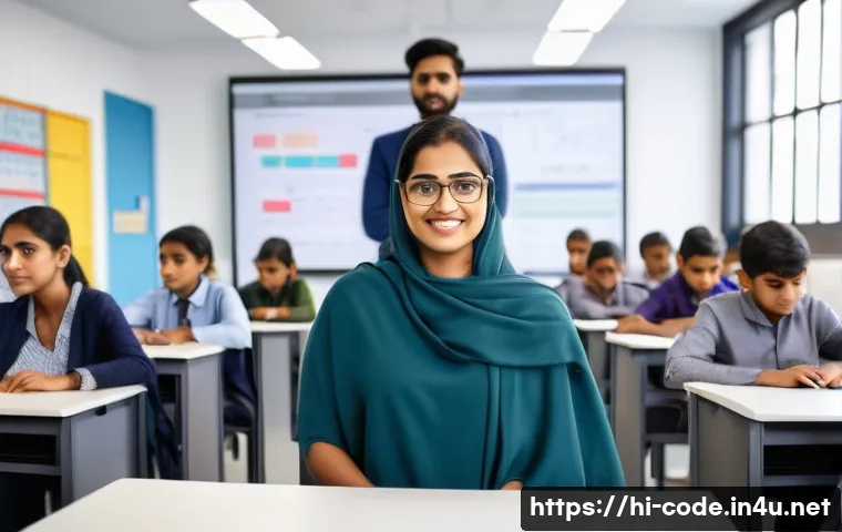 코딩교육지도사와 직무 만족도 설문 조사 - A dedicated Hindi-speaking coding instructor in a modern classroom setting, wearing professional att...