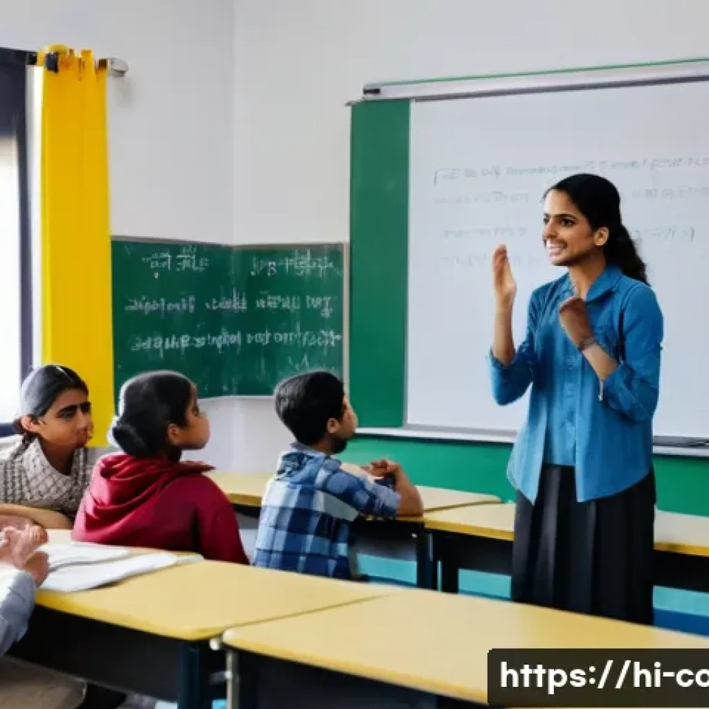 코딩교육지도사와 학생과의 소통 사례 - A warm, modern classroom scene where a Hindi-speaking teacher attentively listens to diverse student...