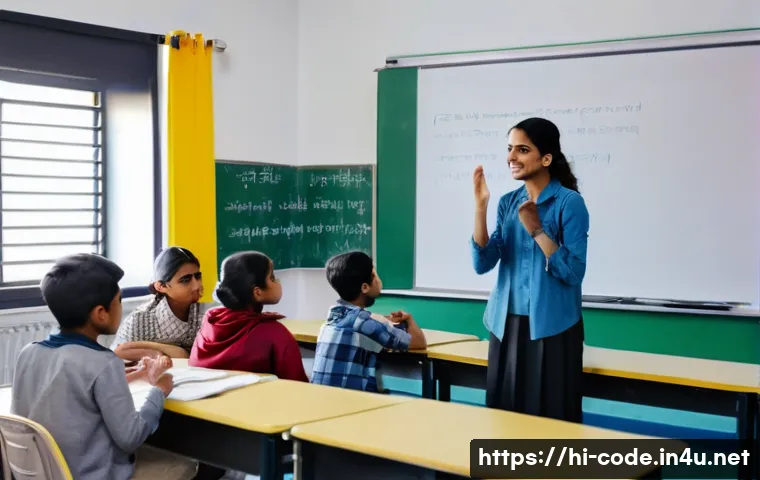 코딩교육지도사와 학생과의 소통 사례 - A warm, modern classroom scene where a Hindi-speaking teacher attentively listens to diverse student...