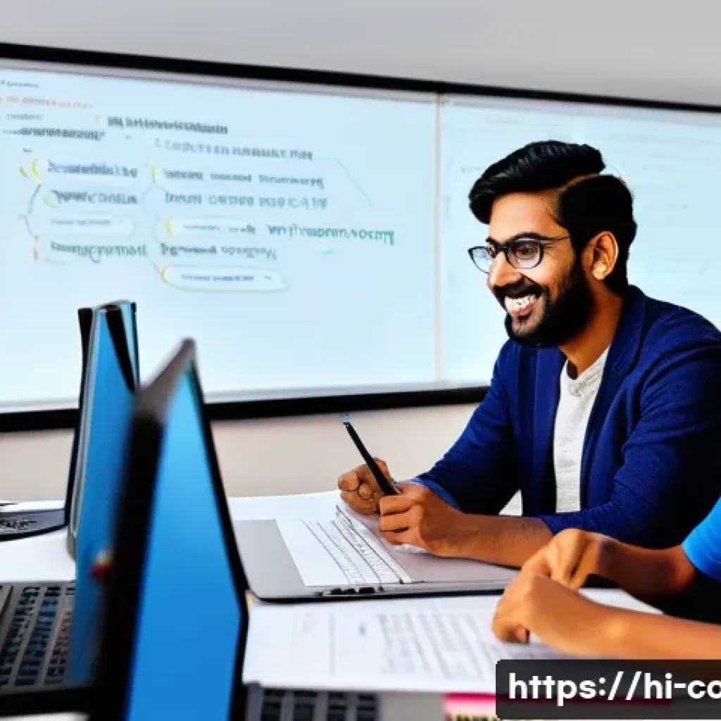 코딩교육지도사와 학습 평가 방법 - A modern classroom scene with a Hindi-speaking coding teacher engaging personally with diverse stude...