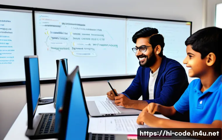 코딩교육지도사와 학습 평가 방법 - A modern classroom scene with a Hindi-speaking coding teacher engaging personally with diverse stude...