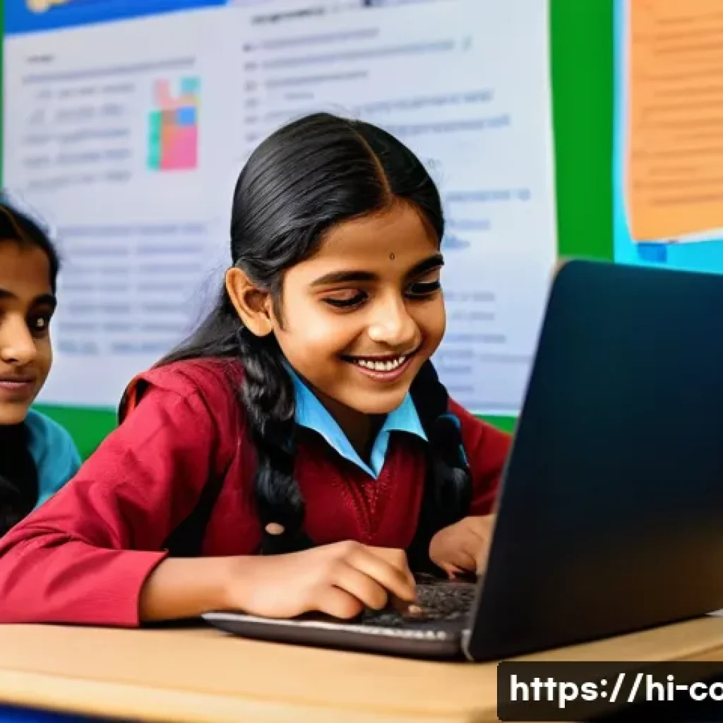코딩교육지도사와 교육 정책 분석 사례 - A vibrant classroom scene in an Indian school where diverse children, including girls wearing colorf...