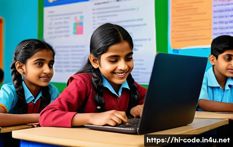 코딩교육지도사와 교육 정책 분석 사례 - A vibrant classroom scene in an Indian school where diverse children, including girls wearing colorf...