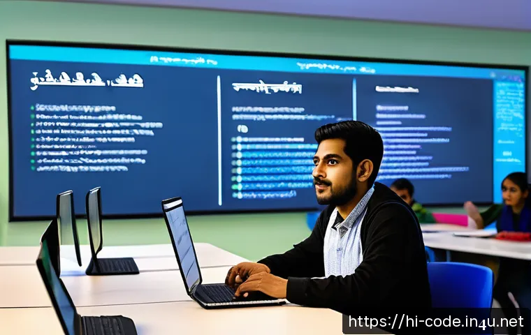 코딩교육지도사 업무 관련 법률 및 규정 - A professional coding instructor in a modern classroom setting, teaching a diverse group of attentiv...