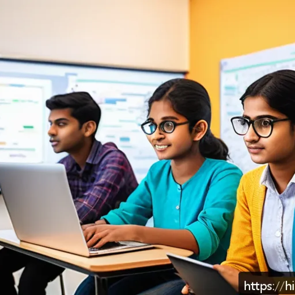 코딩교육지도사로서 교육 효과 측정 방법 - A diverse group of Indian students in a modern classroom setting, focused on coding projects on thei...