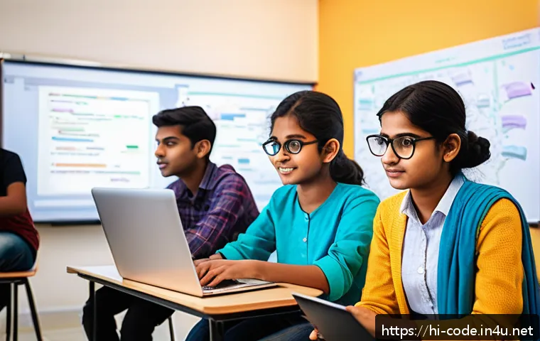코딩교육지도사로서 교육 효과 측정 방법 - A diverse group of Indian students in a modern classroom setting, focused on coding projects on thei...