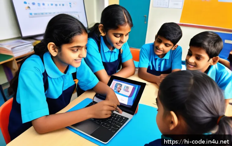 코딩교육지도사와 클라우드 컴퓨팅 교육 - A vibrant classroom scene showing diverse Indian students actively engaged in interactive learning u...