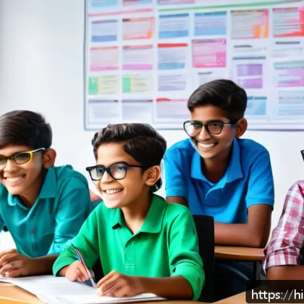 코딩교육지도사와 정규 교육 과정과의 융합 - A group of Indian children, aged around 10-12, wearing colorful casual clothes and glasses, sitting ...