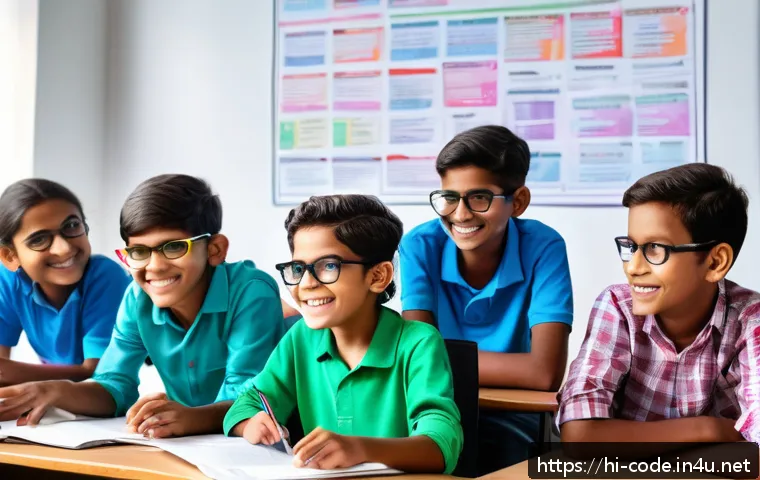 코딩교육지도사와 정규 교육 과정과의 융합 - A group of Indian children, aged around 10-12, wearing colorful casual clothes and glasses, sitting ...