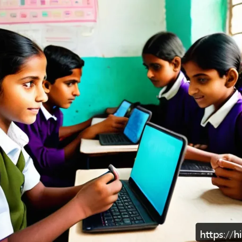 코딩교육지도사와 지역사회 코딩 교육 사례 - A vibrant rural Indian classroom scene where young boys and girls wearing modest clothing are attent...