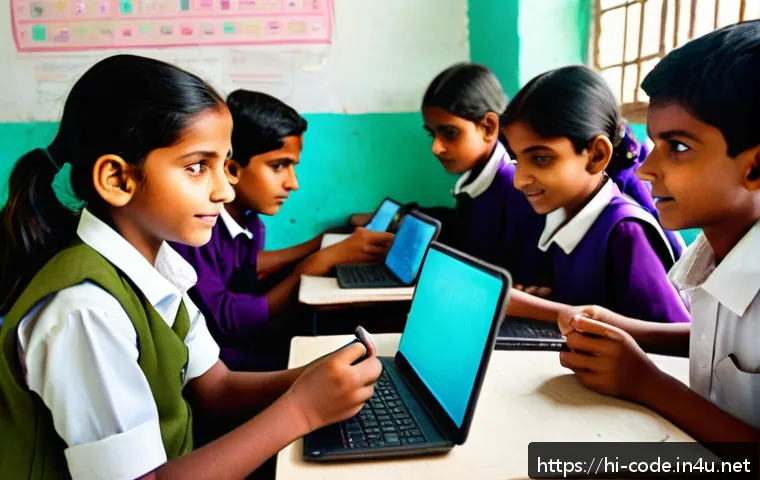 코딩교육지도사와 지역사회 코딩 교육 사례 - A vibrant rural Indian classroom scene where young boys and girls wearing modest clothing are attent...