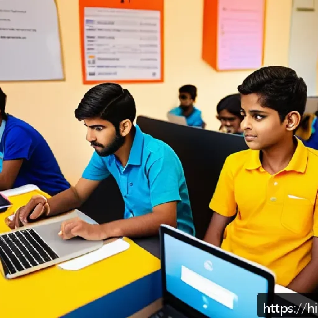 코딩교육지도사와 지속 가능한 교육 사례 - A diverse group of Indian students engaged in an interactive coding class using colorful digital too...