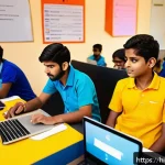 코딩교육지도사와 지속 가능한 교육 사례 - A diverse group of Indian students engaged in an interactive coding class using colorful digital too...
