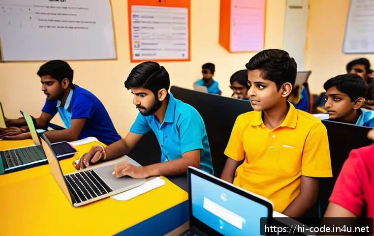 코딩교육지도사와 지속 가능한 교육 사례 - A diverse group of Indian students engaged in an interactive coding class using colorful digital too...