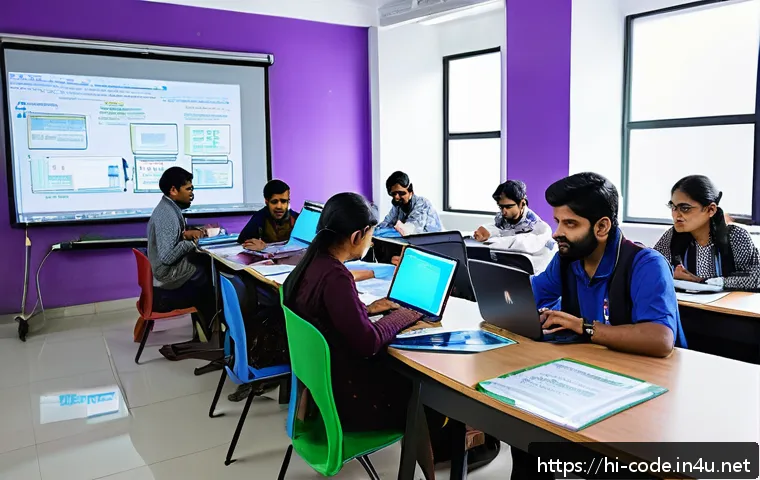 코딩교육지도사와 대학 연계 교육 프로그램 - A vibrant classroom scene in an Indian university where diverse Hindi-speaking students are actively...