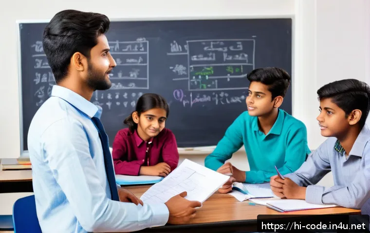 코딩교육지도사로서 성과를 관리하는 방법 - A modern classroom scene in India with a Hindi-speaking coding teacher giving clear, timely feedback...