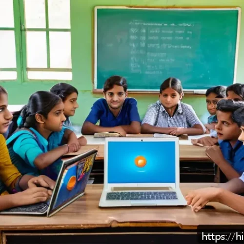 코딩교육지도사와 소프트웨어 교육의 필요성 - A modern classroom scene in India with a diverse group of enthusiastic Hindi-speaking students learn...