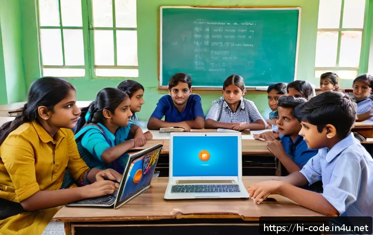 코딩교육지도사와 소프트웨어 교육의 필요성 - A modern classroom scene in India with a diverse group of enthusiastic Hindi-speaking students learn...