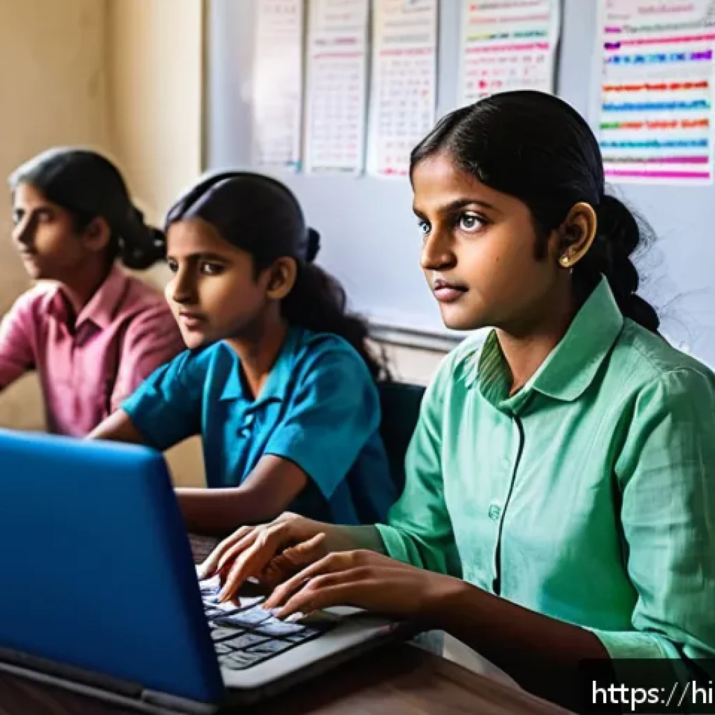 코딩교육지도사와 미래 사회에서의 역할 - A vibrant classroom scene in an Indian school where a diverse group of students wearing casual cloth...