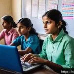코딩교육지도사와 미래 사회에서의 역할 - A vibrant classroom scene in an Indian school where a diverse group of students wearing casual cloth...